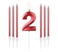 mciskin Lot de 6 bougies d'anniversaire rouges en forme de chiffre 2 pour gâteau avec 6 bougies longues et fines, décoration de gâteau rouge pour fille - Fournitures de décoration de 2e anniversaire