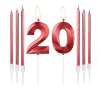 mciskin Lot de 6 bougies d'anniversaire rouges en forme de chiffre 20 pour gâteau avec 6 bougies longues et fines, décoration de gâteau rouge pour fille - Fournitures de décoration de 20e anniversaire