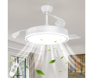 Mckalen Rétractable Ventilateur Plafond avec Lumière, Ventilateur Plafond LED avec Telecommande, 3 Températures, 6 Vitesses, 3 Pales Rétractables, Moteur DC Silencieux, Plafonnier Ventilateur (Blanc)