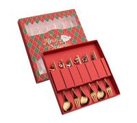 MCMUZKZS 6 Pièces Fourchette et Cuillère à Dessert Service Table Noël Charme Pendentif Inoxydable Convient pour Réception Dîner Réunion Enfant Cadeau, Cuillère Fourchette Boîte Rouge