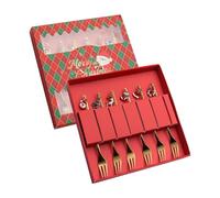 MCMUZKZS 6 Pièces Fourchette et Cuillère à Dessert Service Table Noël Charme Pendentif Inoxydable Convient pour Réception Dîner Réunion Enfant Cadeau, Boîte Rouge Fourchette