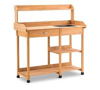 MCombo 0458 Table de Jardinage avec lavabo tiroir et étagère en Bois résistant aux intempéries, 115 x 45 x 121 cm (Naturel, 115 cm (L) x 45 cm (l) x 121 cm (H))