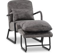 MCombo Fauteuil avec pouf pour salon , Fauteuil relax rétro vintage avec coussin pour la taille, fauteuil avec accoudoirs Fauteuil lounge rembourré en tissu microfibre, 4742 (gris foncé)