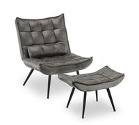 MCombo Fauteuil avec tabouret, fauteuil de relaxation moderne avec coussin de taille, pour salon, fauteuil de lecture, fauteuil lounge rembourré, gris foncé