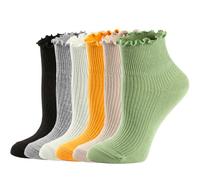 Mcool Mary Lot de 6 paires de chaussettes décontractées à volants pour femme en coton tricoté frais et respirant, 6 couleurs (vert + rose + jaune + blanc + gris + noir), 9-11