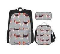 MDATT Beagle Patterns Sac à dos avec boîte à déjeuner Motif dessin animé Sac d'école Sac à dos pour 3 personnes, Noir , Taille unique, Ensemble cartable