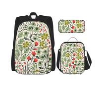 MDATT Beau sac à dos à fleurs avec boîte à déjeuner, sac à dos, cartable, sac à dos pour trois personnes, Noir , Taille unique, Ensemble cartable