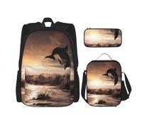 MDATT Beau sac à dos dauphin avec boîte à déjeuner, sac à dos dessin animé, cartable cartable, sac à dos pour trois, Noir , Taille unique, Ensemble cartable