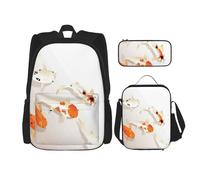 MDATT Carpes koï traditionnelles avec sac à dos avec boîte à déjeuner, carpes à pois, sac à dos pour 3 personnes, Noir , Taille unique, Ensemble cartable