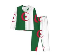 MDATT Ensemble de pyjama 2 pièces à manches longues pour femme avec boutons, imprimé drapeau de l'Algérie, noir, Medium