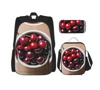MDATT Fresh Cherry Sacs à dos d'étude avec boîte à déjeuner, trousse à crayons, sac de voyage en toile pour étudiant primaire, Noir , Taille unique, Ensemble cartable