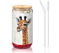 MDATT Little Giraffe Printing - Verres à eau avec couvercles et pailles, jolis verres à eau pour jus, bière, café, thé - 473 ml
