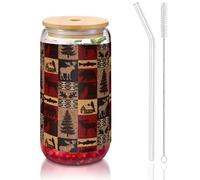 MDATT Lodge Bear - Verres à eau mignons avec couvercles et pailles, motif cerf et poissons, pour jus, bière, café, thé - 473 ml