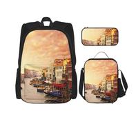 MDATT Magnifique sac à dos avec vue sur le canal de Venise avec boîte à déjeuner, sac d'école, cartable pour trois, Noir , Taille unique, Ensemble cartable