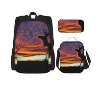 MDATT Red Deer Bull Elk Sunset Sac à dos avec boîte à déjeuner Sac à dos Anime Cartable Cartable Sac à dos pour trois personnes, Noir , Taille unique, Ensemble cartable