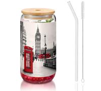 MDATT Red Phone Booth London Street Printing - Verres à eau avec couvercles et pailles, jolis verres à eau pour jus, bière, café, thé 473 ml