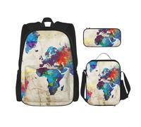 MDATT Sac à dos abstrait carte du monde avec boîte à déjeuner, sac à dos dessin animé, cartable cartable, sac à dos pour trois, Noir , Taille unique, Ensemble cartable