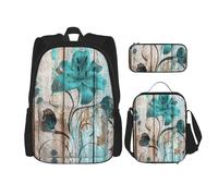 MDATT Sac à dos avec boîte à déjeuner motif fleur bleu sarcelle sur planche en bois pour trois personnes, Noir , Taille unique, Ensemble cartable