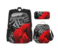 MDATT Sac à dos avec motif roses noires blanches et rouges avec boîte à déjeuner, sac d'école, cartable pour trois, Noir , Taille unique, Ensemble cartable