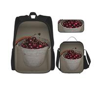 MDATT Sac à dos avec seau rempli de cerises, sac à dos d'étude avec boîte à déjeuner, trousse à crayons, sac de voyage en toile pour étudiant primaire, Noir , Taille unique, Ensemble cartable