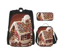 MDATT Sac à dos de maison de village de Noël avec boîte à déjeuner, sac d'école, sac à dos pour 3 personnes, Noir , Taille unique, Ensemble cartable