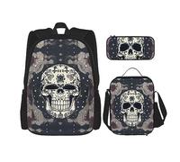 MDATT Sac à dos de yoga et de fleurs avec boîte à déjeuner, trousse à crayons, sac de voyage en toile pour étudiant primaire, Noir , Taille unique, Ensemble cartable