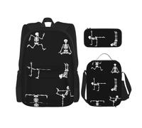 MDATT Sac à dos de yoga motif tête de mort avec boîte à déjeuner, sac d'école, sac à dos pour 3 personnes, Noir , Taille unique, Ensemble cartable