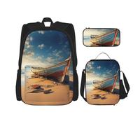 MDATT Sac à dos d'étude en bateau sur la plage avec boîte à déjeuner, trousse à crayons, sac de voyage en toile pour élève du primaire, Noir , Taille unique, Ensemble cartable