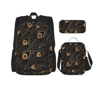 MDATT Sac à dos doré avec plumes de paon avec boîte à déjeuner, sac à dos, cartable, sac à dos pour trois personnes, Noir , Taille unique, Ensemble cartable