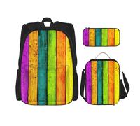 MDATT Sac à dos en bois coloré avec boîte à déjeuner, sac d'école, sac à dos pour trois, Noir , Taille unique, Ensemble cartable