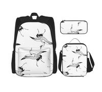 MDATT Sac à dos grue japonaise avec boîte à déjeuner, sac à dos, cartable, sac à dos pour trois personnes, Noir , Taille unique, Ensemble cartable