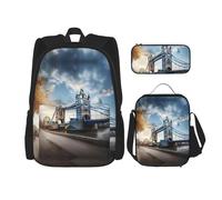 MDATT Sac à dos historique Old Tower Bridge London avec boîte à déjeuner, trousse à crayons, sac de voyage en toile pour élève du primaire, Noir , Taille unique, Ensemble cartable