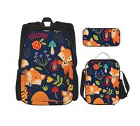 MDATT Sac à dos mignon avec motif renard et fleur avec boîte à déjeuner, sac d'école, cartable pour trois, Noir , Taille unique, Ensemble cartable