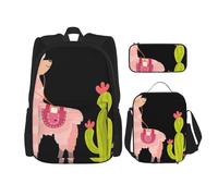 MDATT Sac à dos motif lama mignon avec casque et boîte à déjeuner, sac d'école, cartable pour trois, Noir , Taille unique, Ensemble cartable