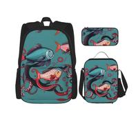 MDATT Sacs à dos d'étude en forme de poisson et de pieuvre avec boîte à déjeuner, trousse à crayons, sac de voyage en toile pour élève du primaire, Noir , Taille unique, Ensemble cartable