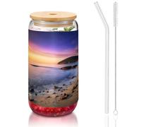 MDATT Sun The Beach - Verres à eau mignons avec couvercles et pailles, motif galets, pour jus, bière, café, thé - 473 ml