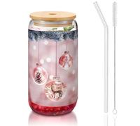 MDATT Verres à eau avec couvercles et pailles - Motif boule de Noël rose - 473 ml - Pour jus, bière, café, thé