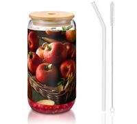 MDATT Verres à eau avec couvercles et pailles - Motif fruits rouges dans un panier - 473,6 g - Jolis verres à eau pour jus, bière, café, thé