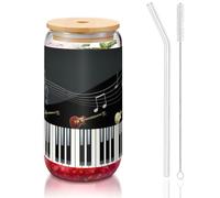 MDATT Verres à eau avec couvercles et pailles, motif guitare, piano imprimé, 473,6 g, jolis verres à eau pour jus, bière, café, thé