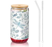 MDATT Verres à eau avec couvercles et pailles, motif libellule imprimée, pour jus, bière, café, thé