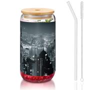 MDATT Verres à eau avec couvercles et pailles, motif « Night of View » de Hong Kong, pour jus, bière, café, thé - 473 ml