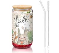 MDATT Verres à eau mignons avec couvercles et pailles, motif lapin, papillon et fleurs, 473,6 g, pour jus, bière, café, thé