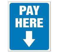 MDBJTCYZN Blue Arrow Down Pay Here Directional Metal Sign 12x8 Inch | Clear payment point indicator plaque checkout counter register or service desk wall