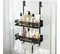 MDDK DY Étagère de Douche sans Perçage Noire - Panier de Douche Suspendu pour Porte en Verre, 2 Niveaux avec 4 Crochets Fixes, 2 Crochets Mobiles et Support pour Raclette, Rangement Salle de Bain