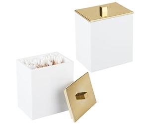 mDesign boite à coton et distributeur de coton tige en plastique en lot de 2 - boite de rangement avec couvercle - accessoire de salle de bain pour produits cosmétiques - blanc/doré