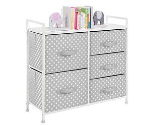 mDesign commode à 5 tiroirs - meuble à tiroirs large pour la chambre d'enfant - rangement vêtements avec motif à pois en métal, MDF et tissu - gris/blanc