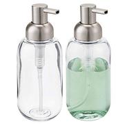 mDesign Distributeur Savon Rechargeable (Lot de 2) - Pompe à Savon Ronde en Plastique - Distributeur de Savon contenance 385 ML pour Salle de Bain et Cuisine - Transparent/argenté Mat