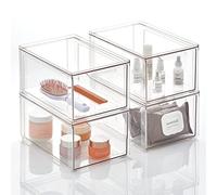mDesign Lot de 4 boîtes de rangement empilables en plastique avec tiroir extractible - Boîte de rangement pour articles de toilette, maquillage et produits de beauté - Transparent