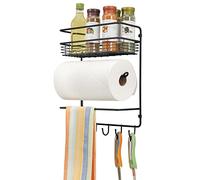 mDesign Organisateur de Rangement Cuisine - Rangement Mural Cuisine Polyvalent avec Étagères, Crochets et Porte-Rouleaux - Support Mural Ustensile - Noir