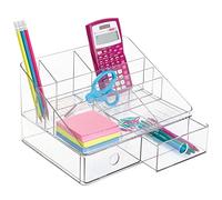 mDesign Organiseur de Bureau - Rangement de Bureau avec 2 tiroirs et 6 Compartiments - Organisateur de Bureau pour Crayons, surligneur et Plus Encore - Transparent